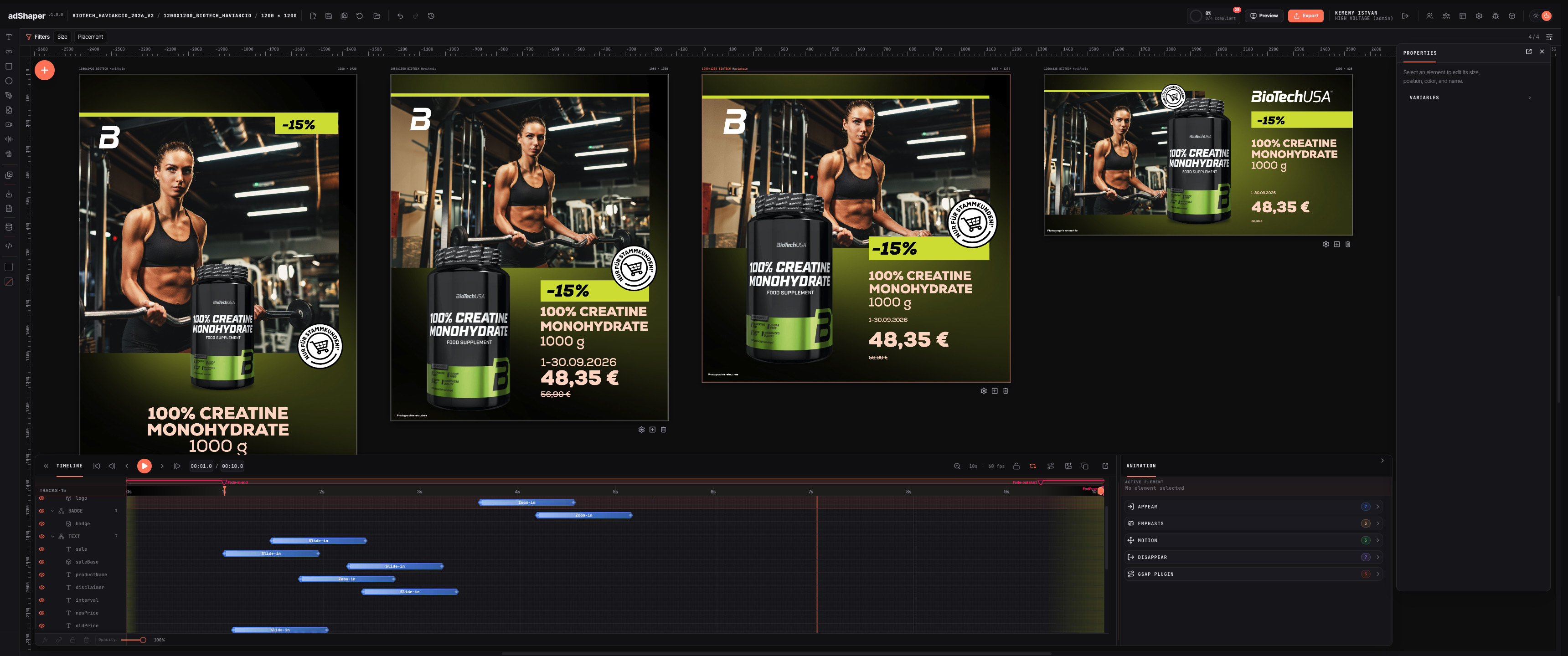 adShaper editor with multiple banner sizes and a full timeline
