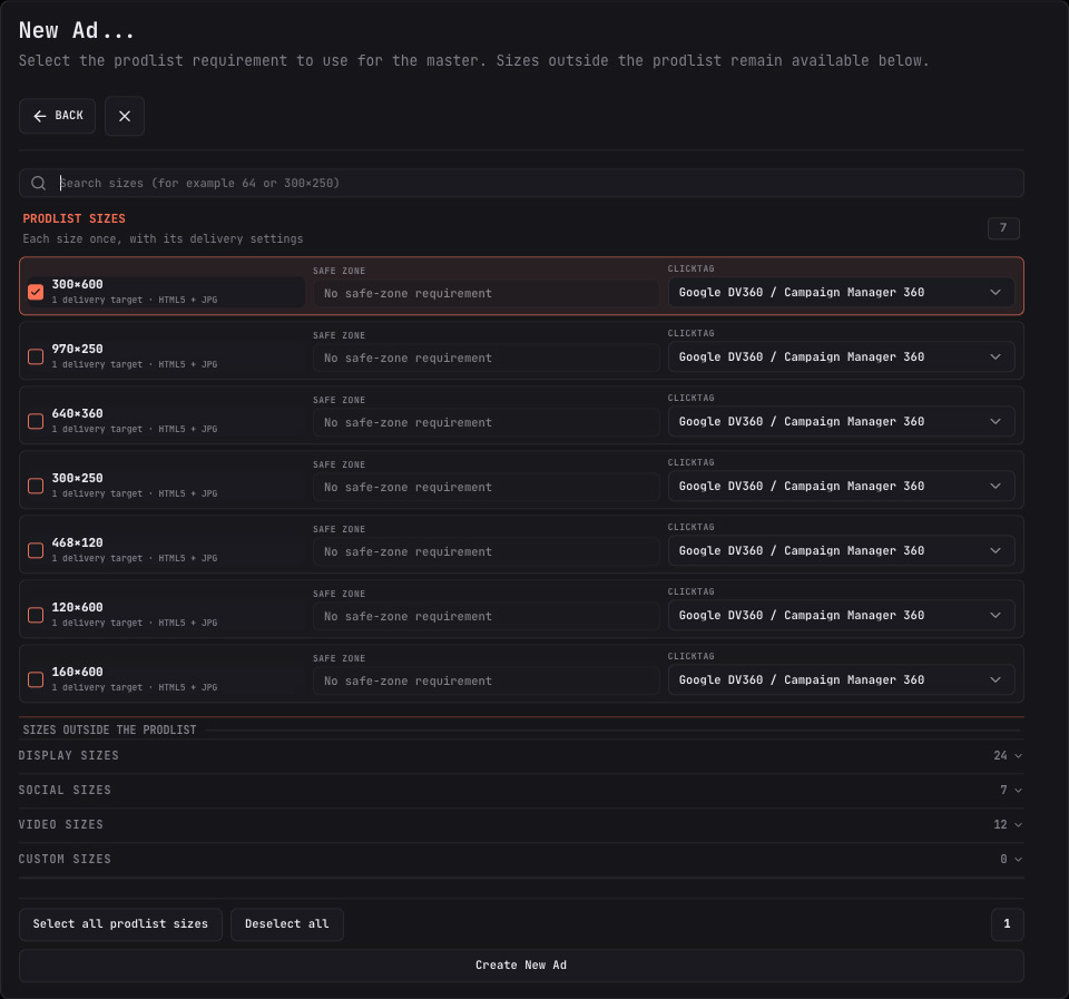 Banner sizes created from the prodlist